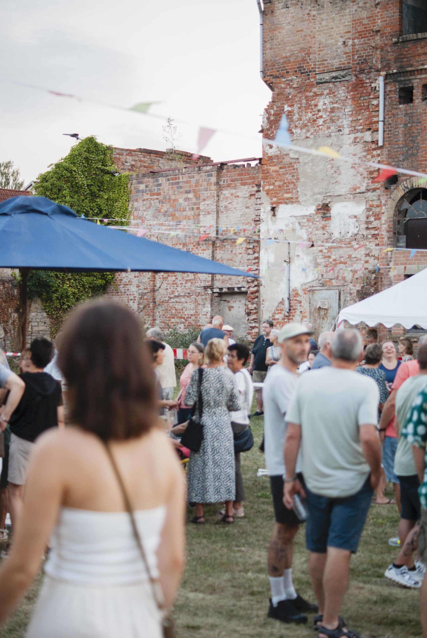 Menschen stehen auf einer Festwiese