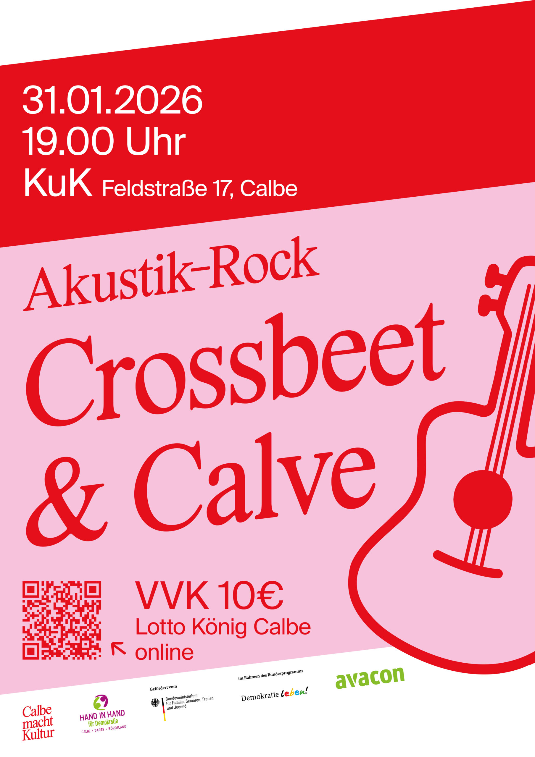 Plakat der Veranstaltung Akustik-Rock Konzert mit Crossbeat & Calve am 31.01.2026 im Kunst- und Kulturzentrum Calbe